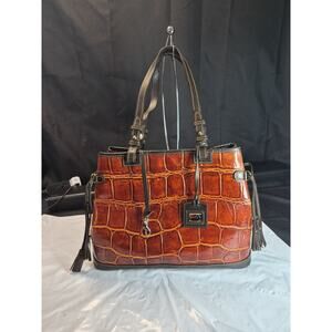 Dooney & Bourke Croco Embossed Leather Double Strap Tassel Bag Cognac